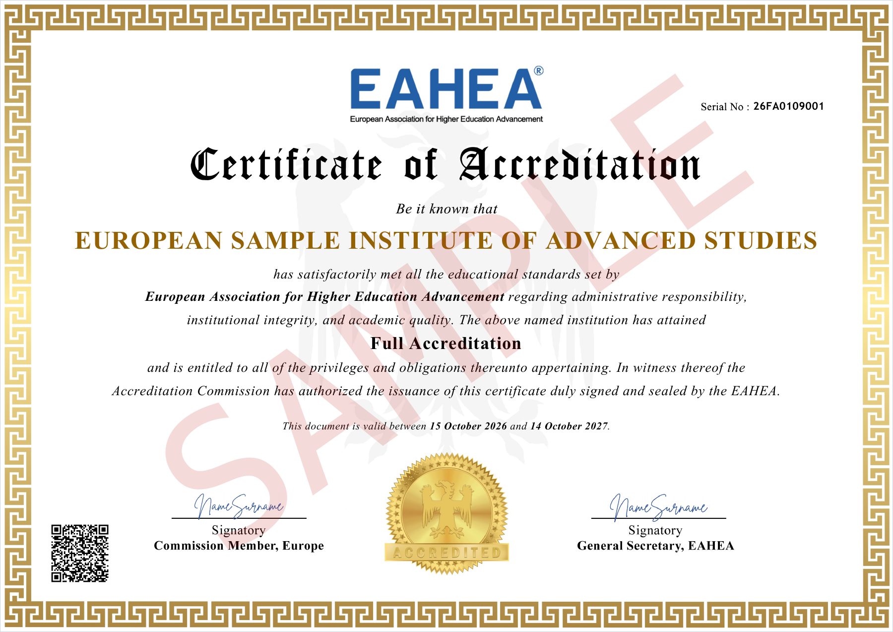 Sample certificate of Full Accreditation