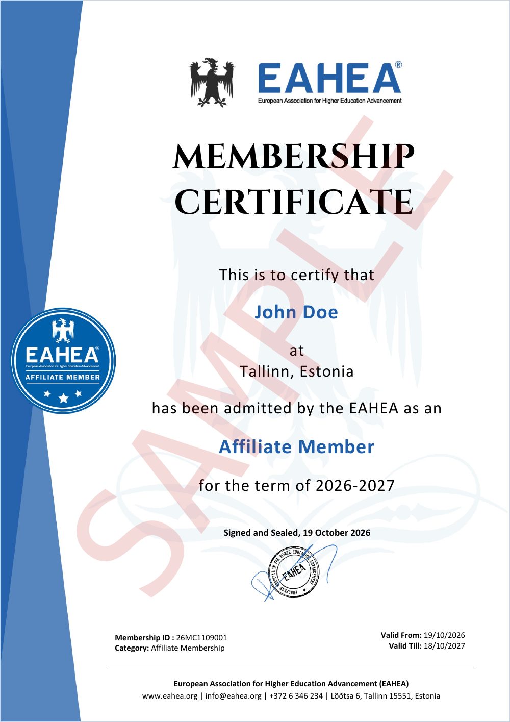 Sample certificate of Affiliate Membership