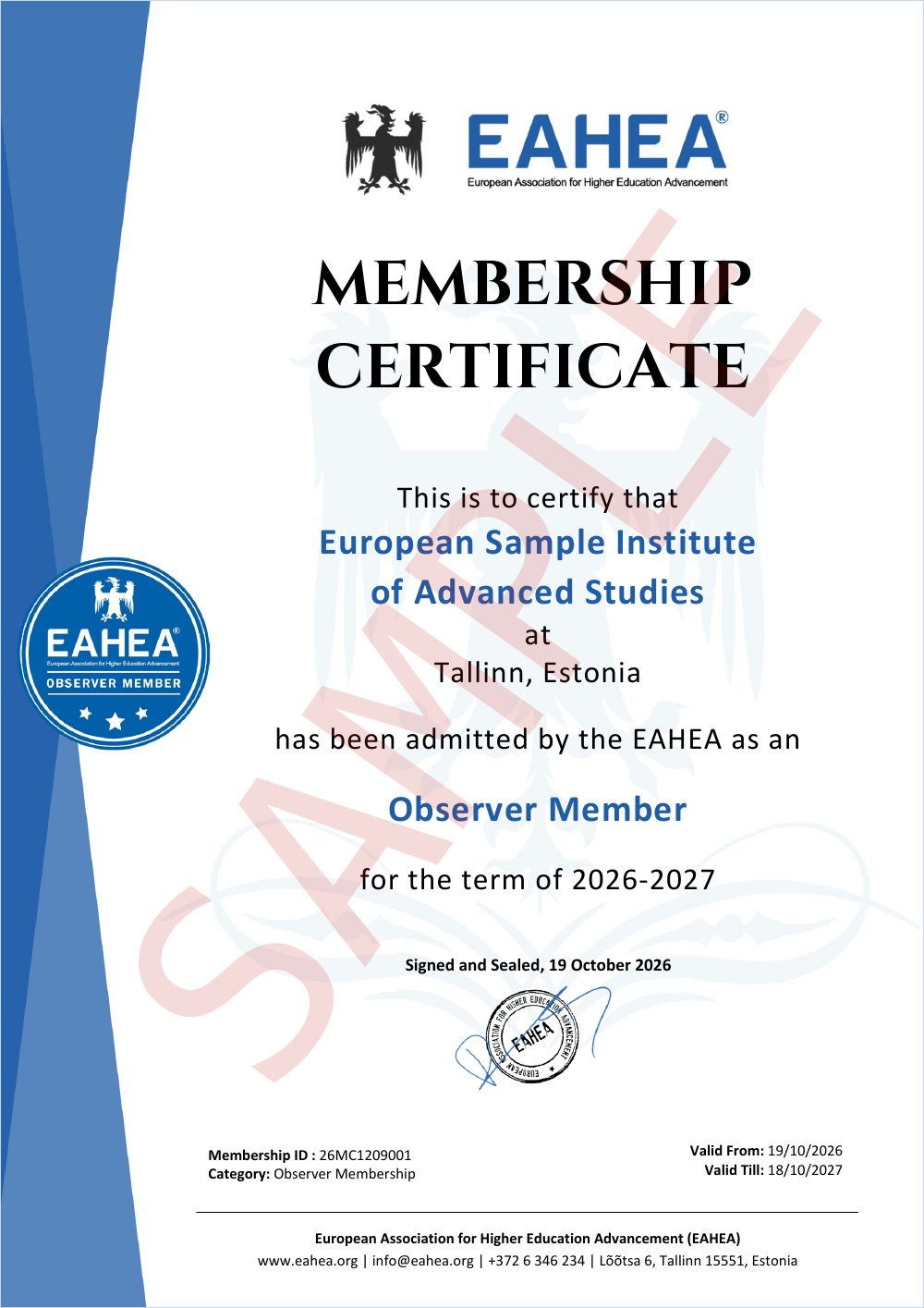 Sample certificate of Observer Membership