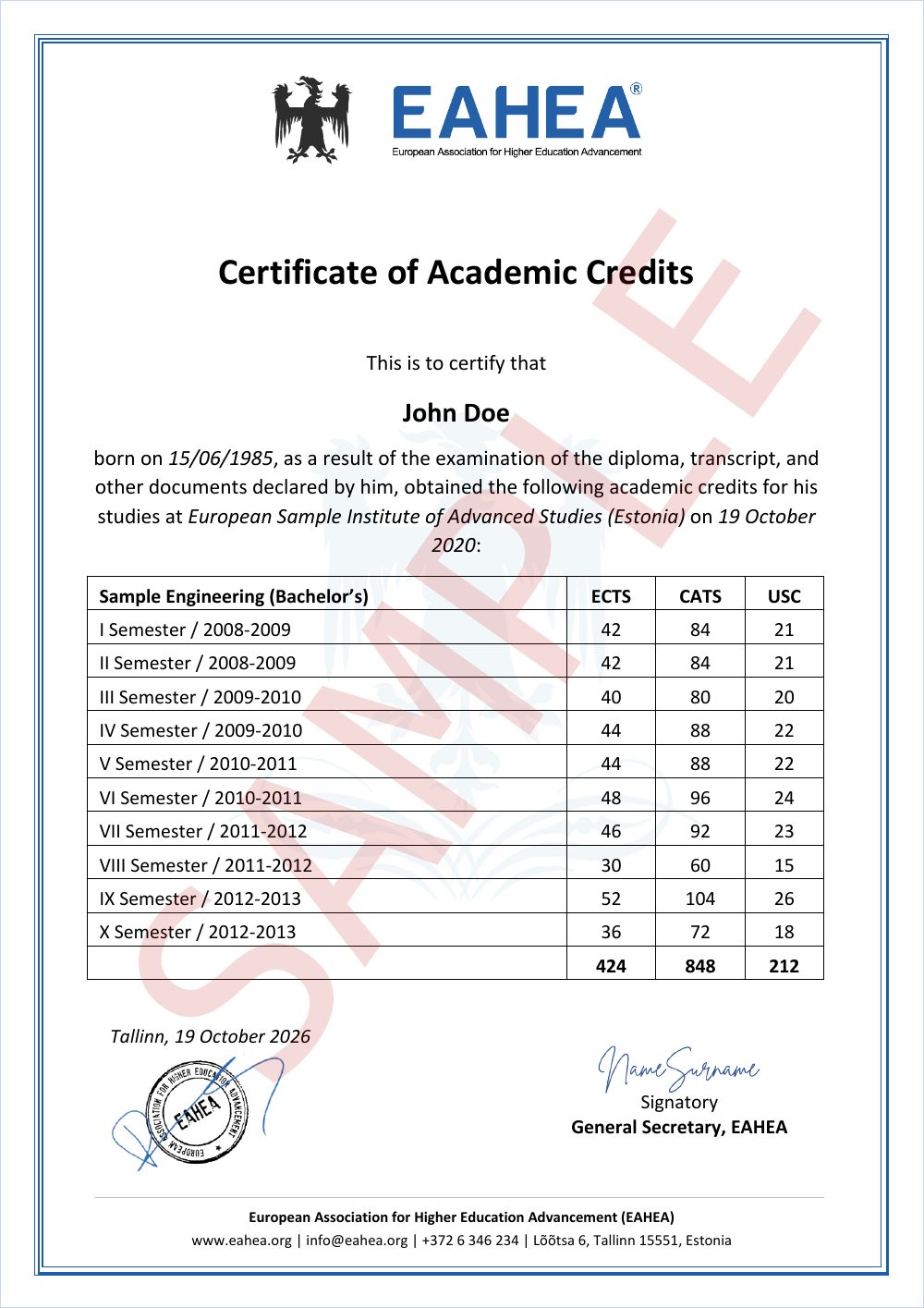 Sample certificate of Academic Credits Certificate