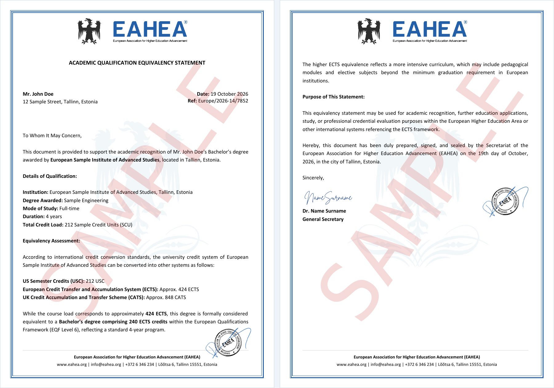 Sample certificate of Academic Equivalency Statement