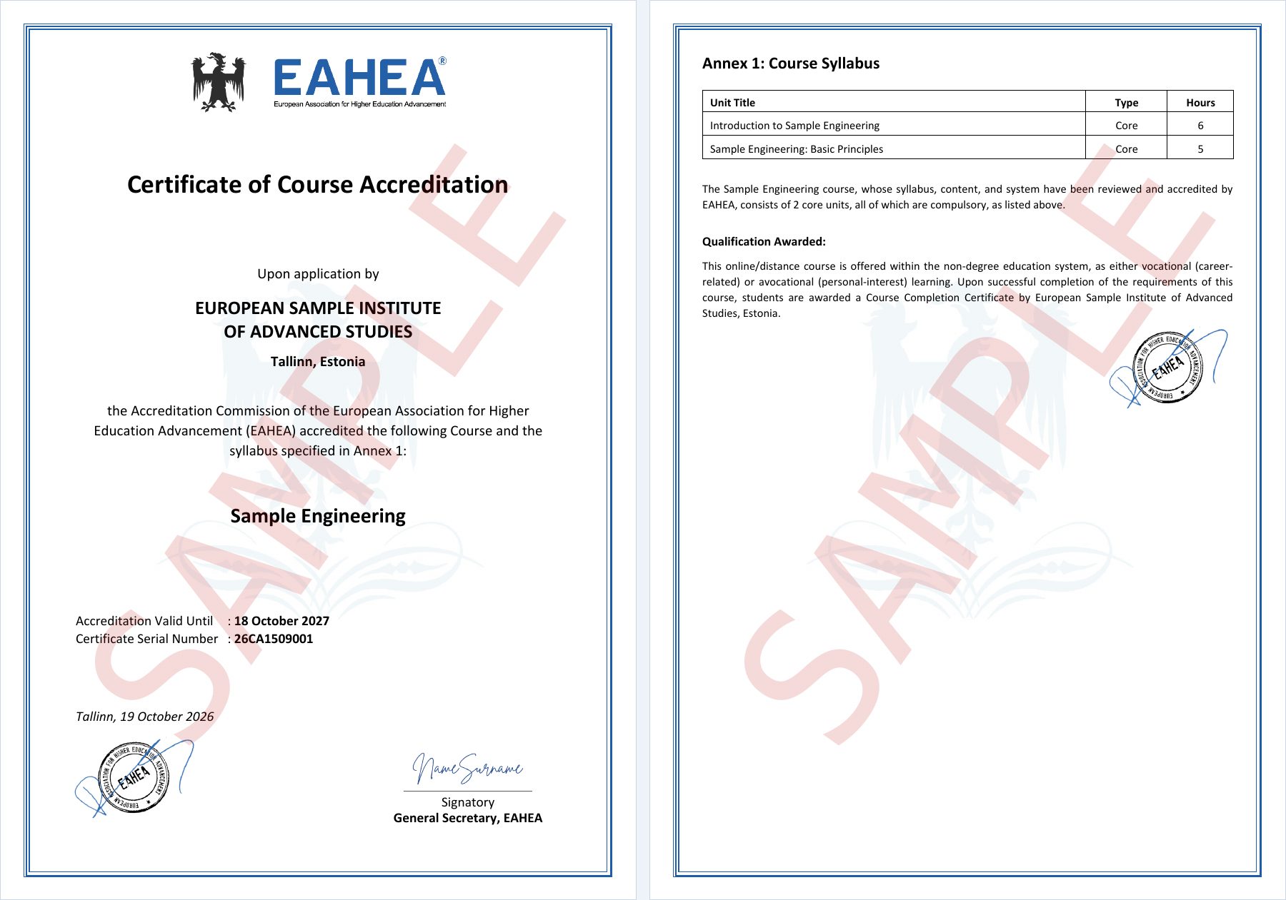 Sample certificate of Course Accreditation