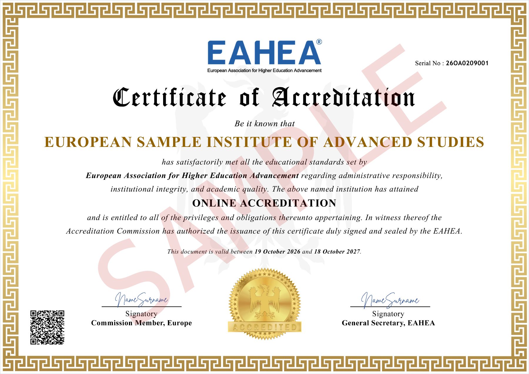 Sample certificate of Online Accreditation