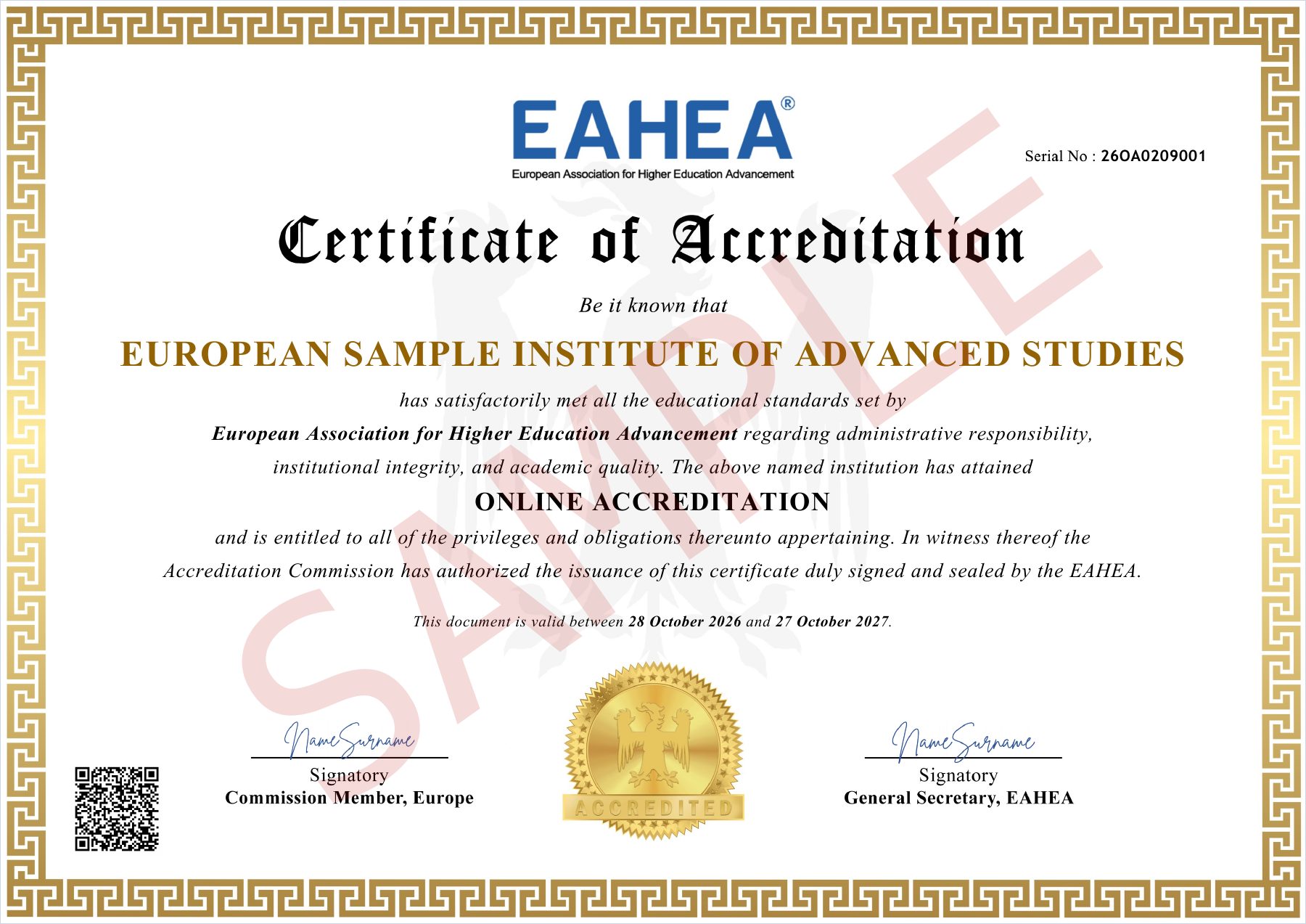 Sample certificate of Online Accreditation