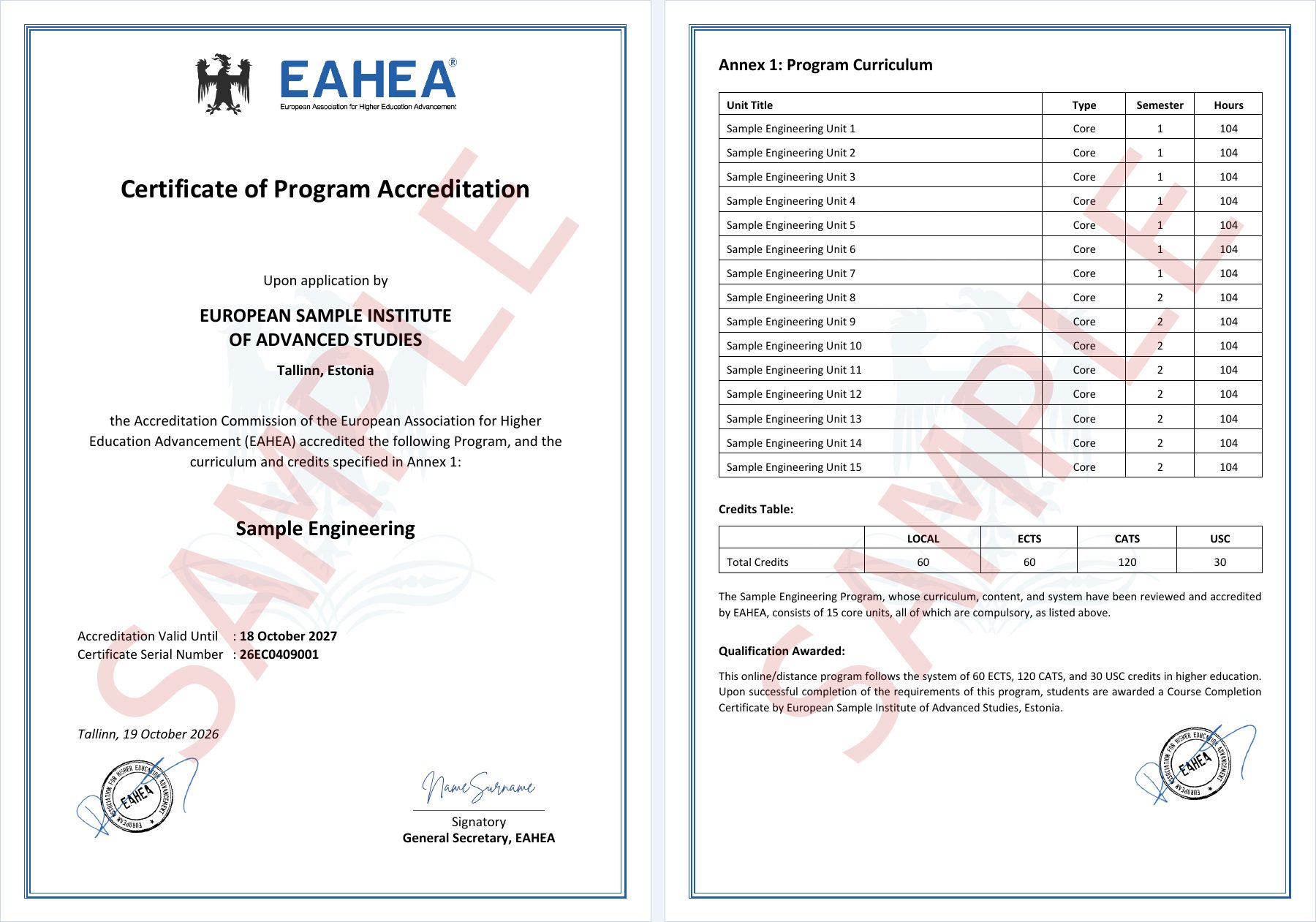 Sample certificate of ECTS Certification