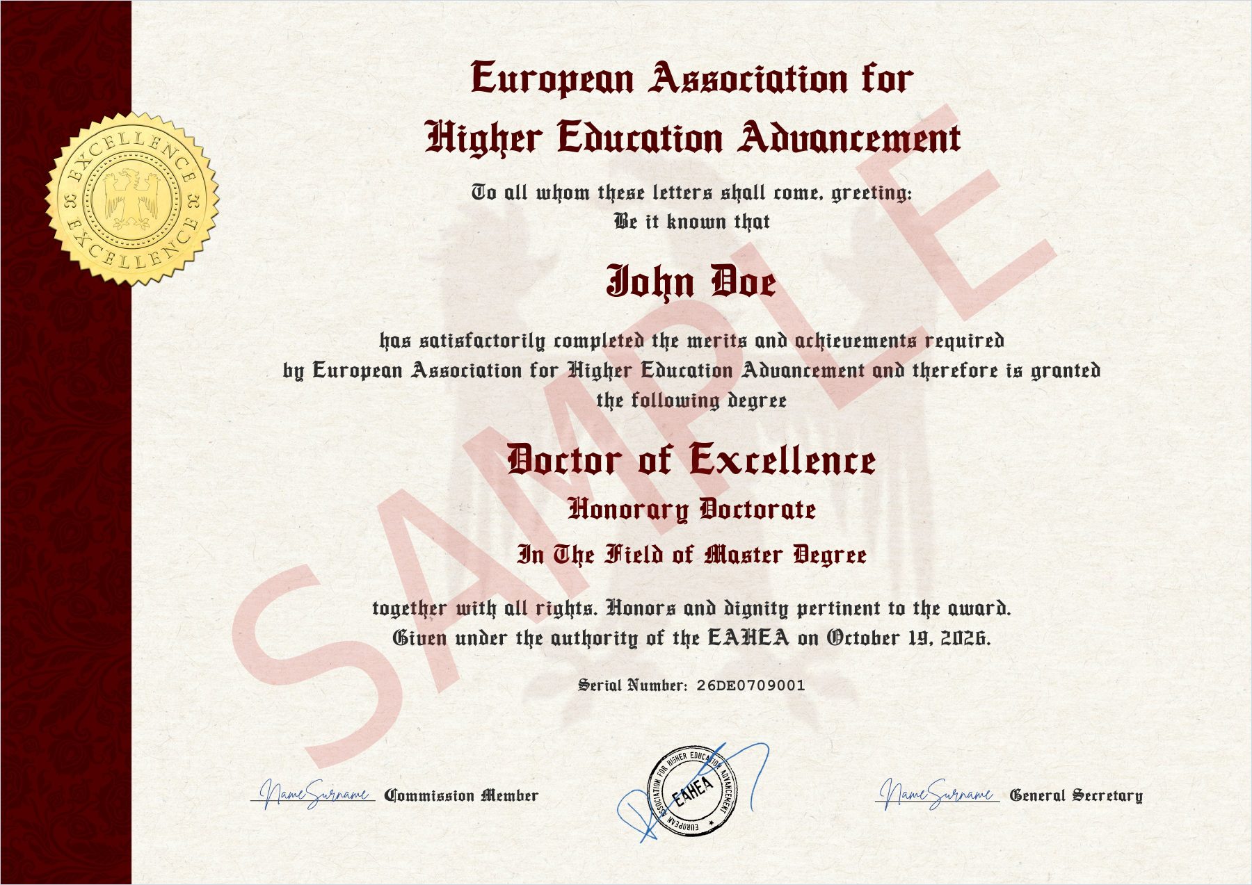 Sample certificate of Doctor of Excellence