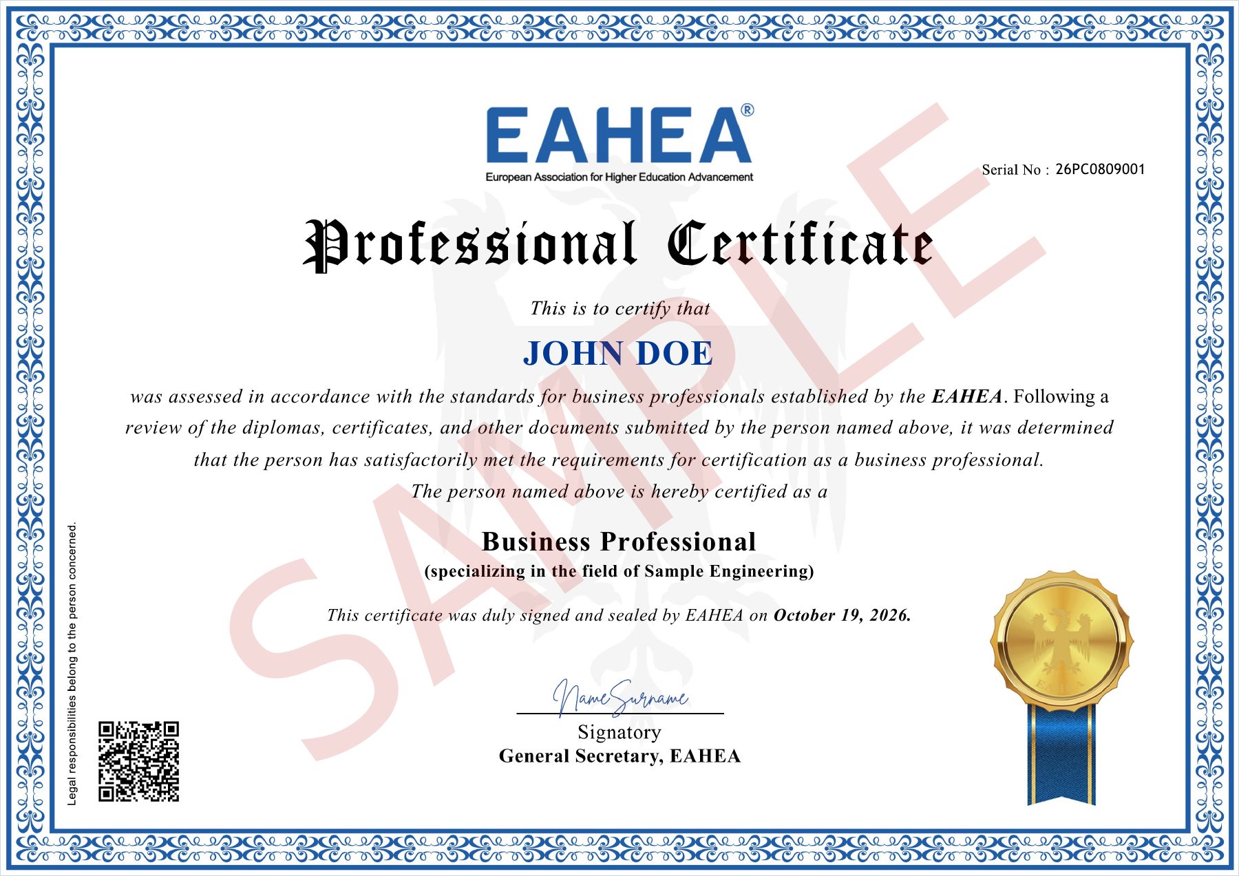 Sample certificate of Professional Certification