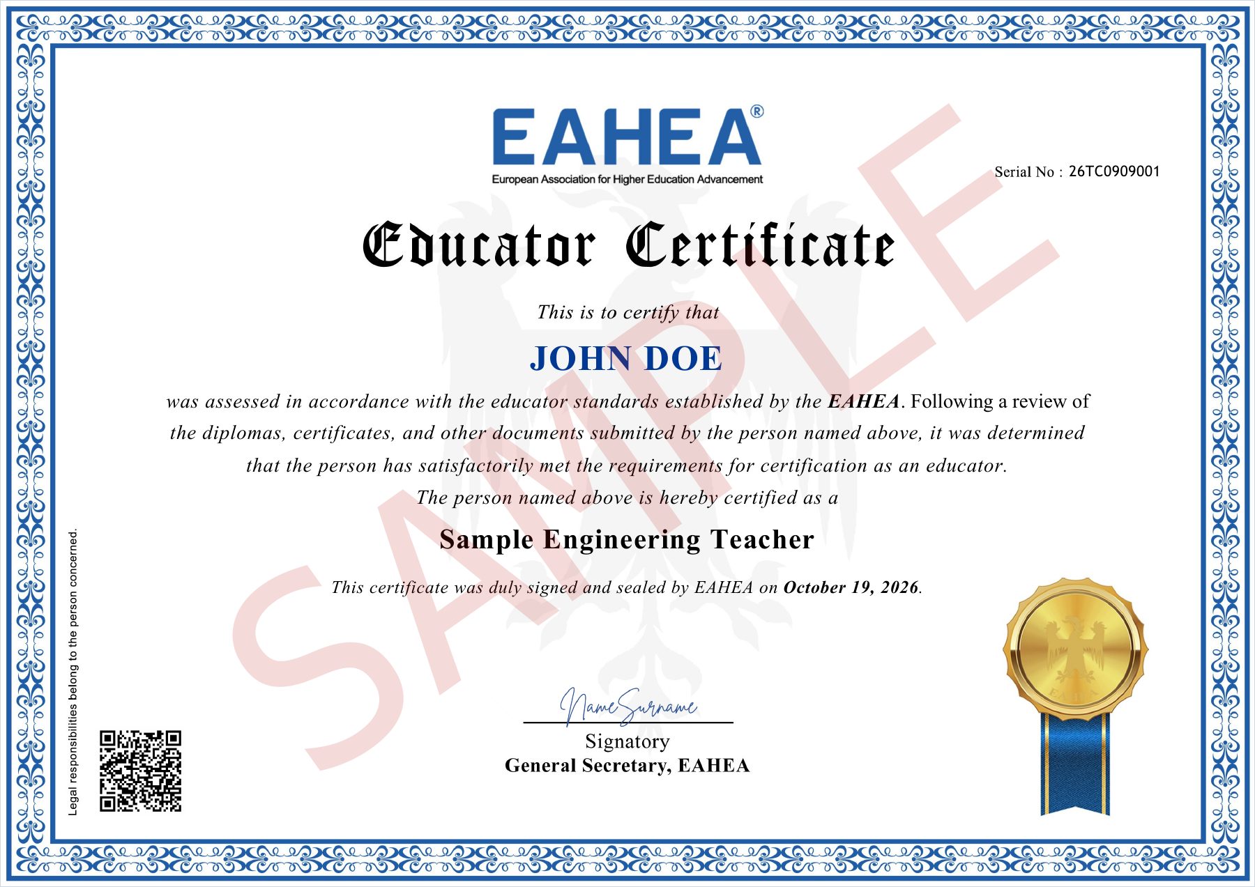 Sample certificate of Educator Certification