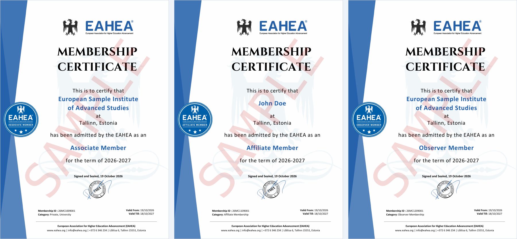 Sample membership certificates: Associate, Affiliate and Observer Membership